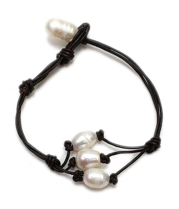 Genuine fresh water pearl and leather cord bracelet