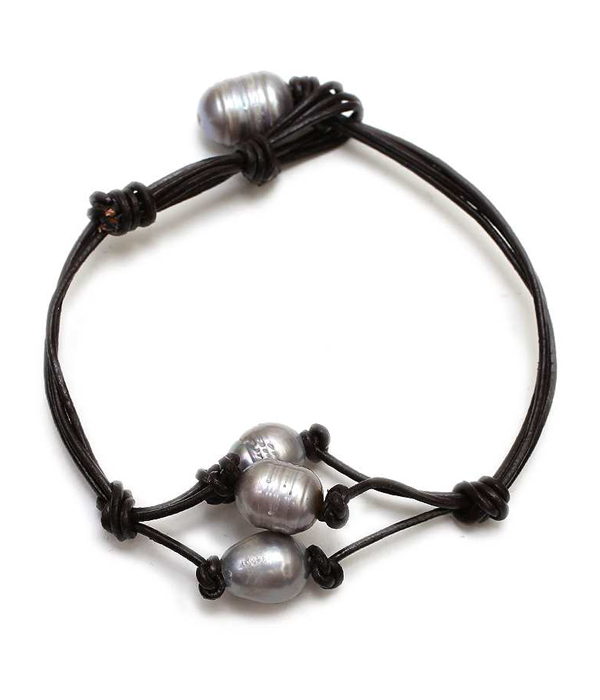 Genuine fresh water pearl and leather cord bracelet