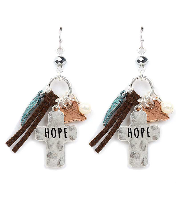 Handmade and religious inspired cross and angel wing earring