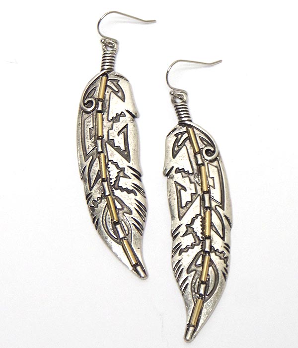 Aztec pattern feather drop earring -western