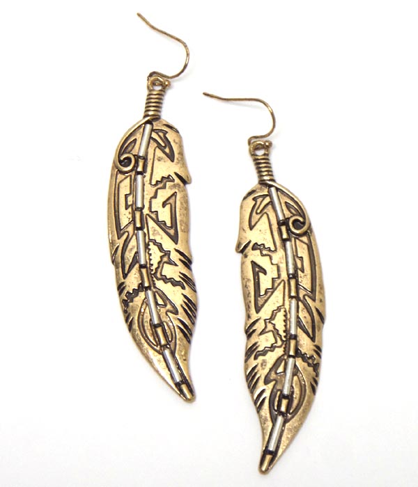Aztec pattern feather drop earring -western