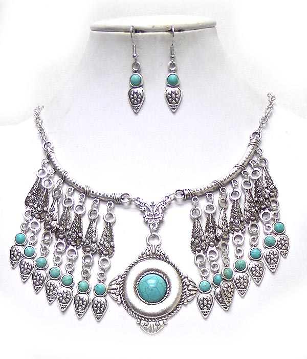 Metal filigree and turquoise drop bohemian necklace set