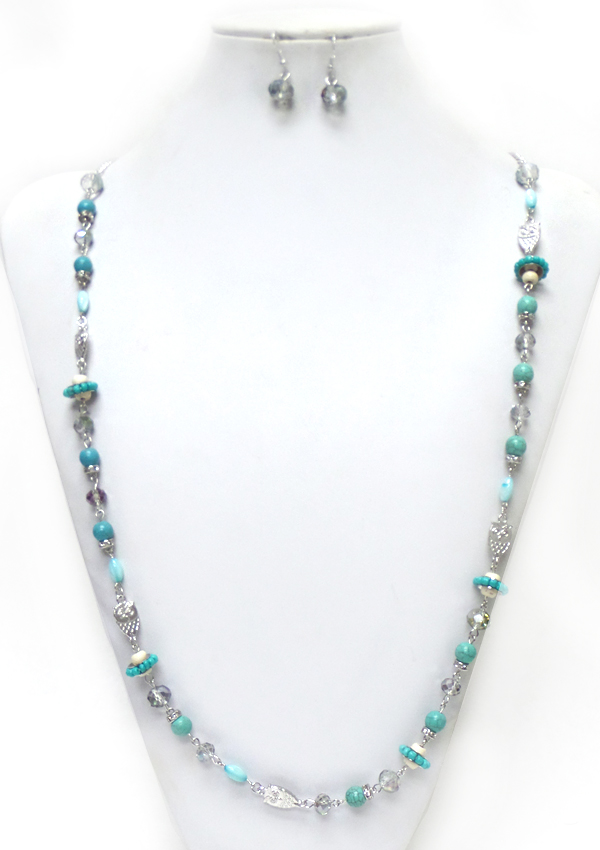 Turquoise stone and glass multisize necklace set 