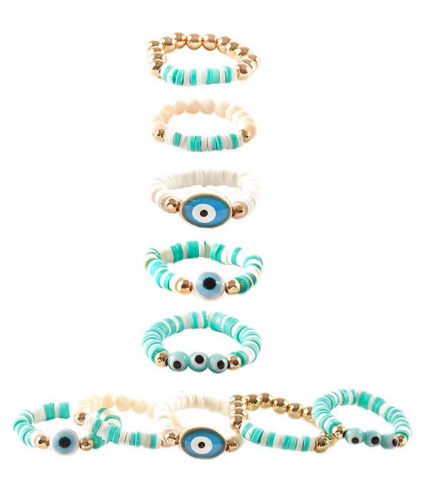 Evil eye and multi bead 5 stretch ring set
