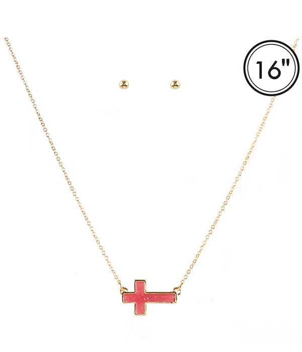 Druzy cross pendant necklace set