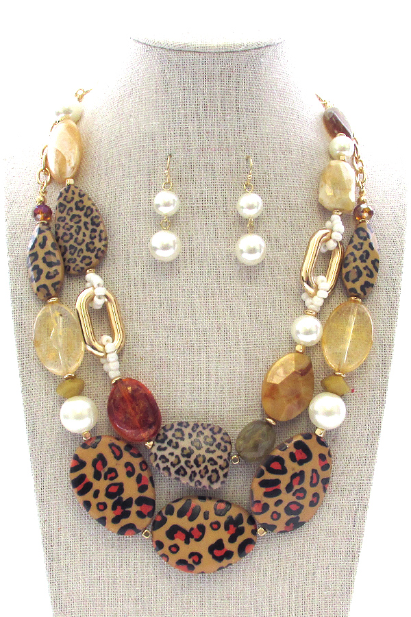 MULTI STONE AND PEARL MIX DOUBLE LAYER NECKLACE SET - ANIMAL PRINT