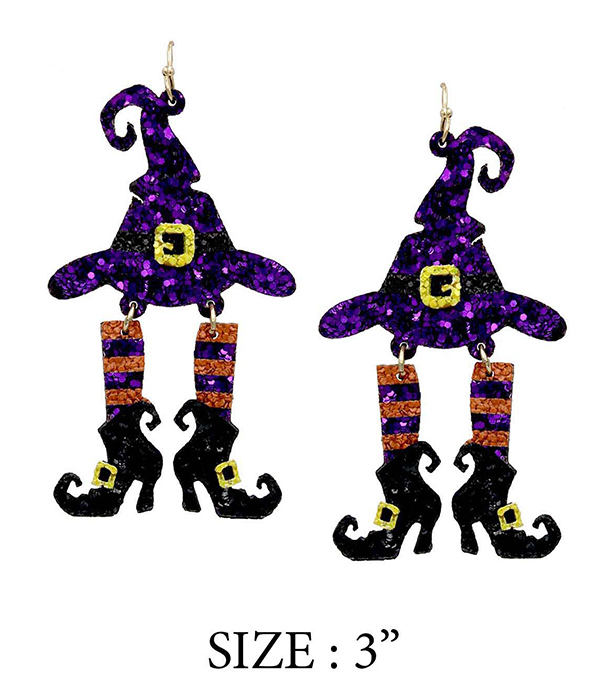 HALLOWEEN THEME SPARKLING EARRING - WITCH HAT AND BOOTS