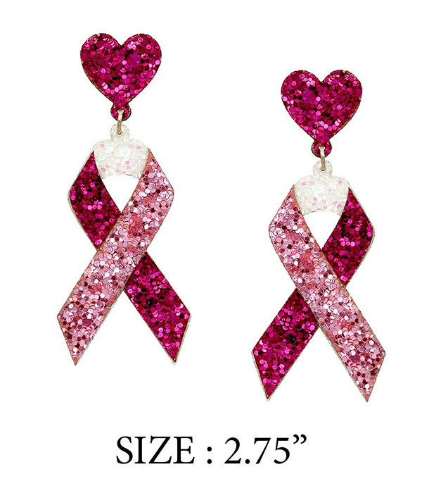 Breast cancer awareness theme sparkling earring - pink ribbon