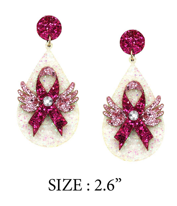 Breast cancer awareness theme sparkling earring - teardrop pink ribbon