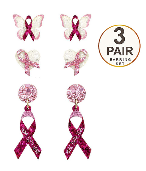 Breast cancer awareness theme sparkling earring - pink ribbon