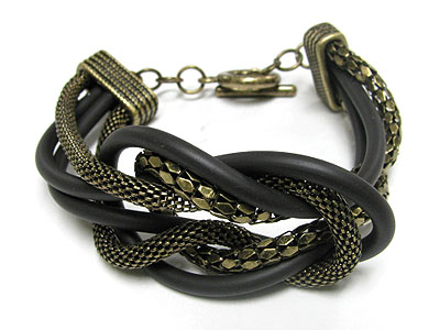 Dual metal and rubber mesh chain knot toggle bracelet