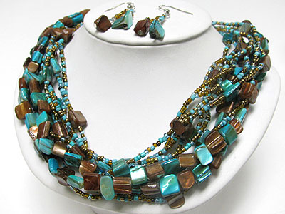 Multi layer shell cube and seed beads necklace and earring set