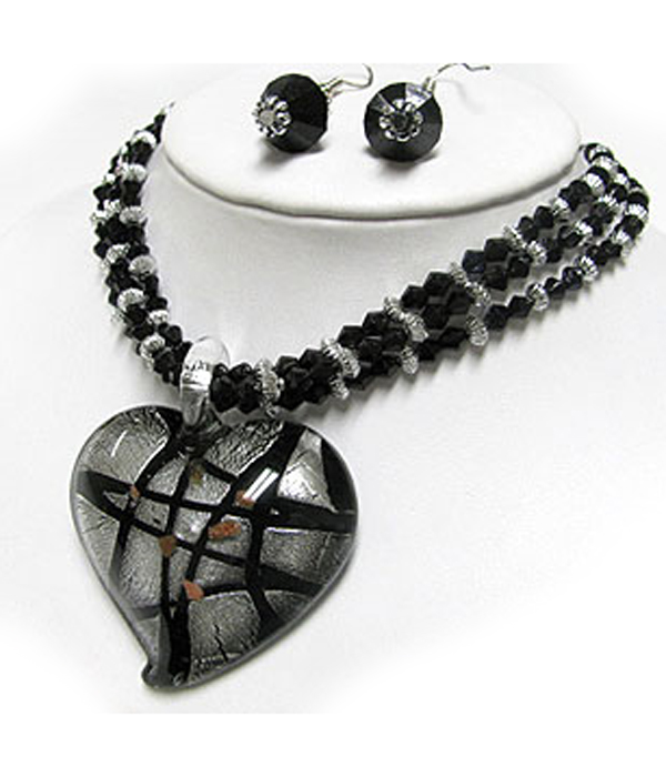 Murano glass heart pendant triple glass beads strand necklace set