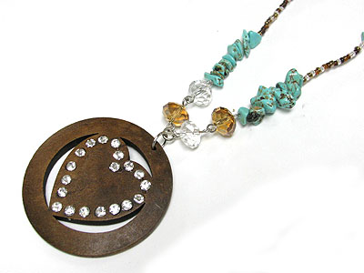 CRYSTAL STUD WOOD HEART PENDANT NATURAL STONE AND SEED BEADS LONG NECKLACE