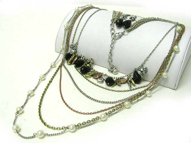 Mixed charm dangle multi row metal chain and pearl long chain necklace earring set