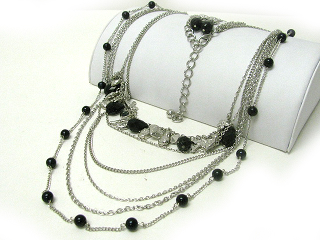 Mixed charm dangle multi row metal chain and pearl long chain necklace earring set