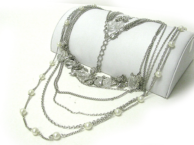 Mixed charm dangle multi row metal chain and pearl long chain necklace earring set