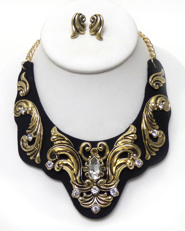 Textured bold metal on fabric with crystals bib necklace set
