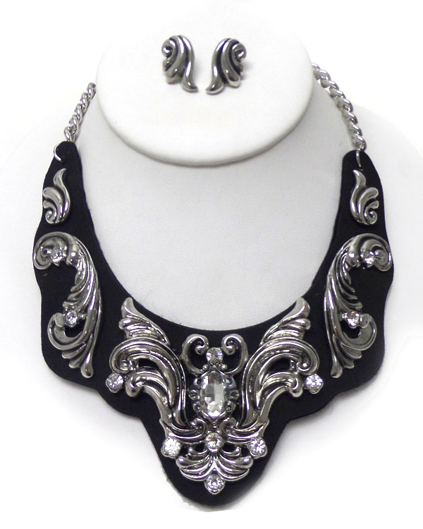Textured bold metal on fabric with crystals bib necklace set