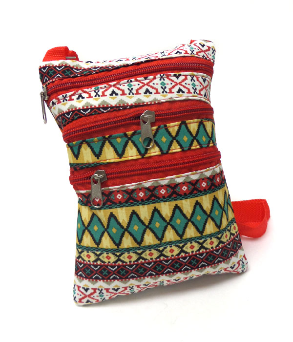 Tribal print triple zipper messenger bag