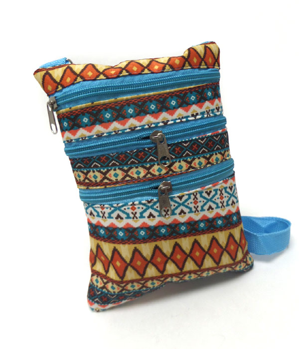 Tribal print triple zipper messenger bag 