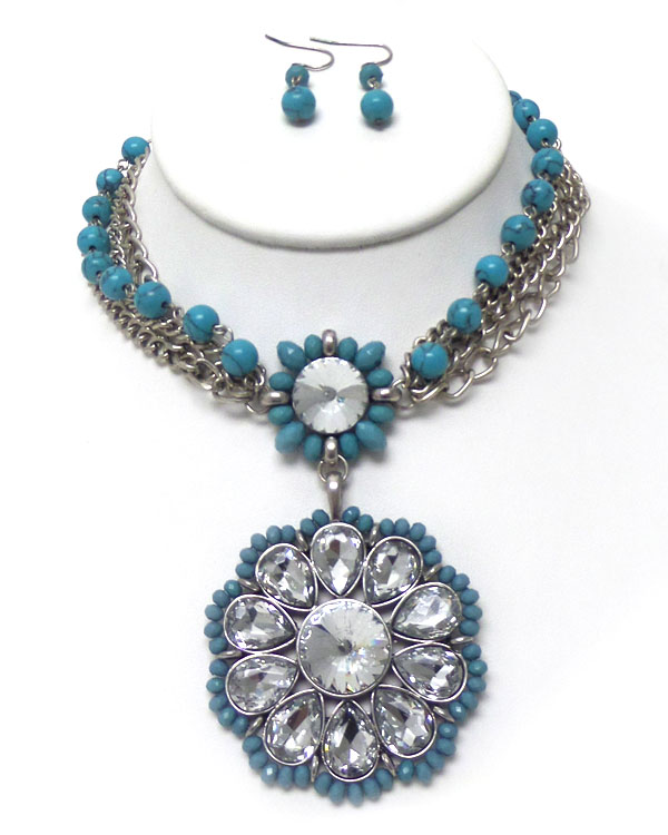 Turquoise stone and glass bead flower necklace set