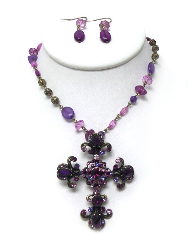Crystal cross pendant and seed beads necklace set