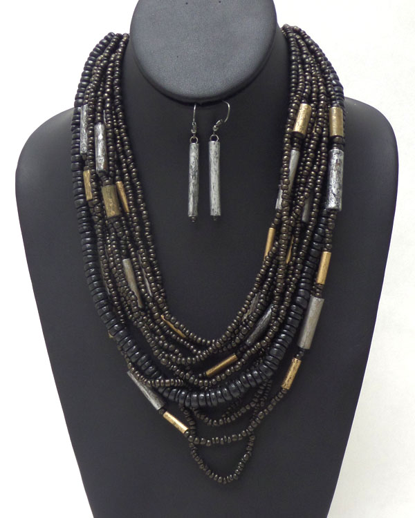 Multi seed beads and wood chips chain mix necklace earring set