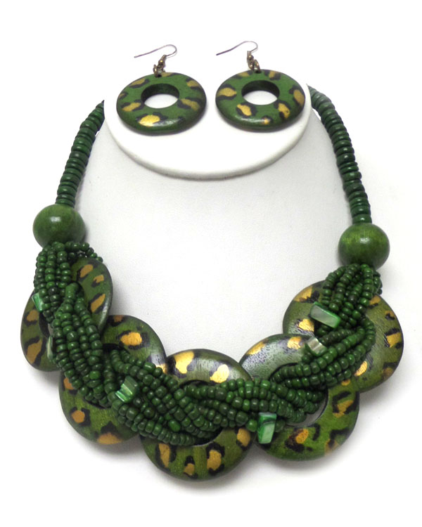 Multi seed beads and animal print wood ring necklace earring set