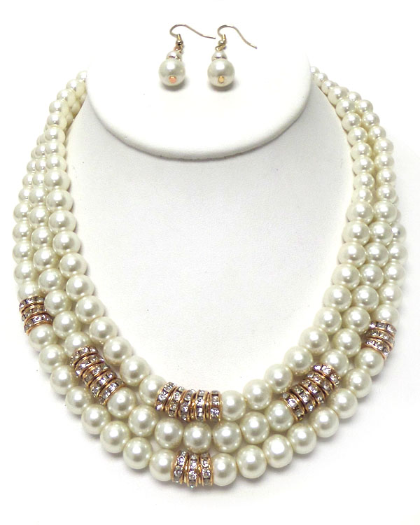 Crystal rondelle and 3 layered pearl necklace earring set