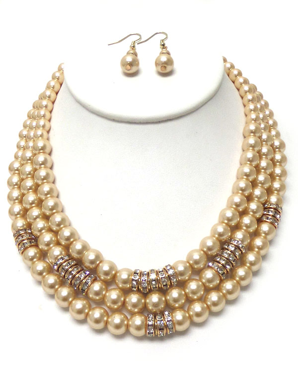 Crystal rondelle and 3 layered pearl necklace earring set