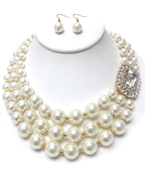 Facet stone and crystal accent 3 layered pearl chain necklace earring set