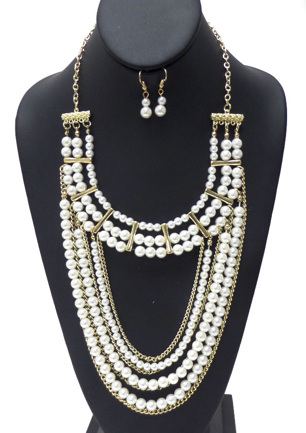 Multi layered pearl and fine chain mix drop necklace earring set