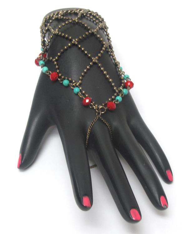 BOHO STYLE TURQUOISE ACCENT BALL CHAIN SLAVE RING AND BRACELET SET