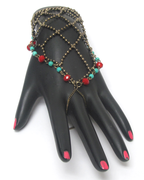 Boho style turquoise accent ball chain slave ring and bracelet set