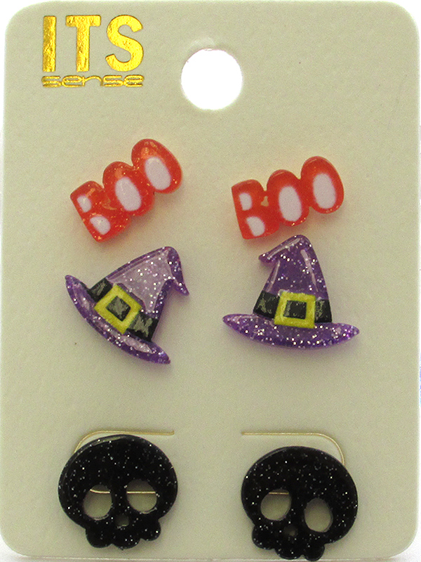 HALLOWEEN THEME ACRYLIC 3 PAIR EARRING SET - BOO WITCH HAT SKULL