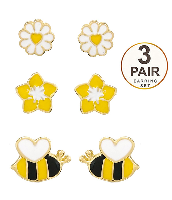 Garden theme epoxy 3 pair earring set - flower bee