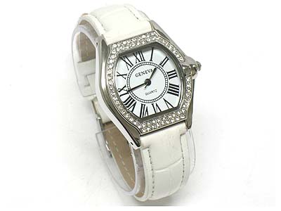 Designer inspired crystal deco genuine leather band watch