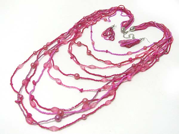 Multi row mixed beads long necklace earring set