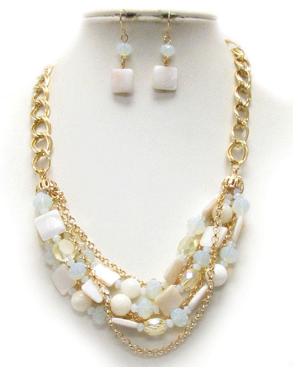 Multi glass and shell mix chain necklace earring set