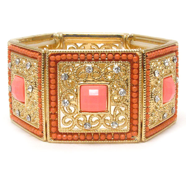 Crystal and multi bead deco on metal filigree square link stretch bracelet