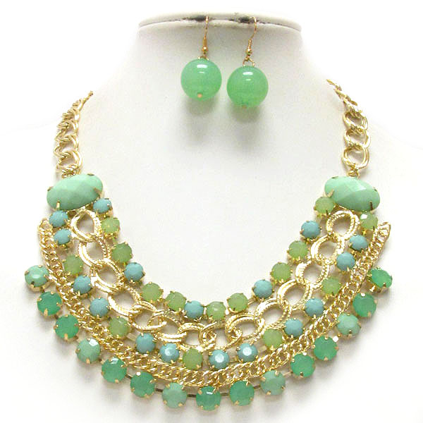 Multi layered chain and crystal deco necklace earring set