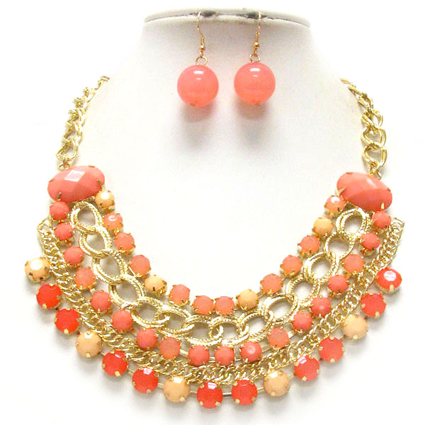 Multi layered chain and crystal deco necklace earring set