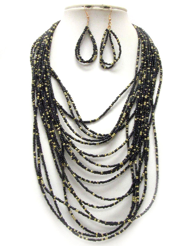 Multi seed bead link multi layered necklace earring set