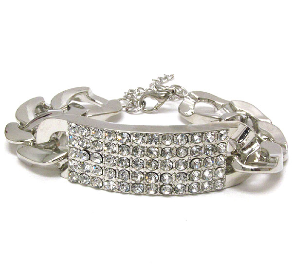Crystal paved metal plate and thick chain bracelet