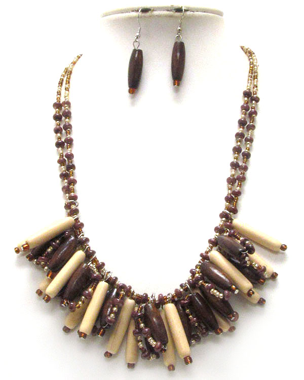 Multi wooden stick dangle and mulbi chip stone double chain necklace earringset