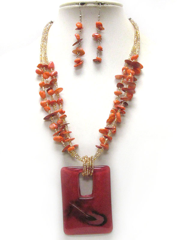 Feather in square pendant and multi chip stone chain necklace earring set