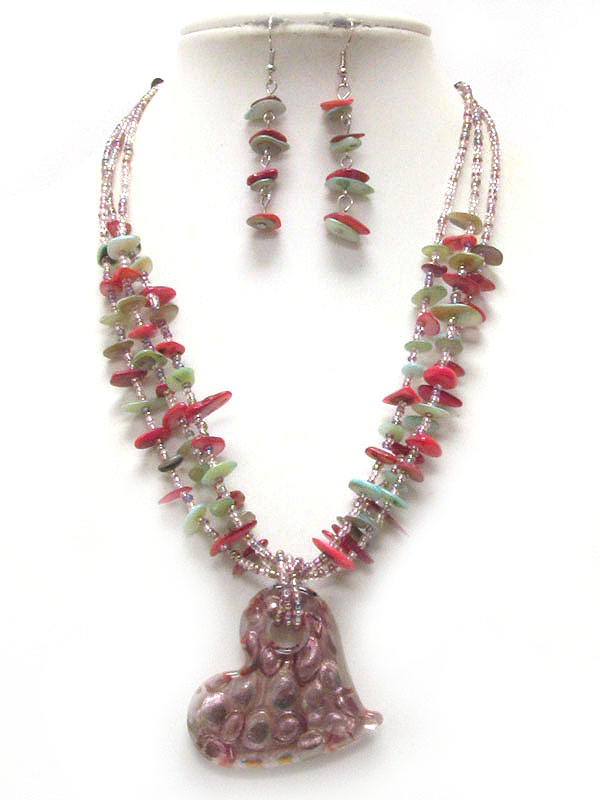 Murano glass heart and chip stone multi chain necklace earring set