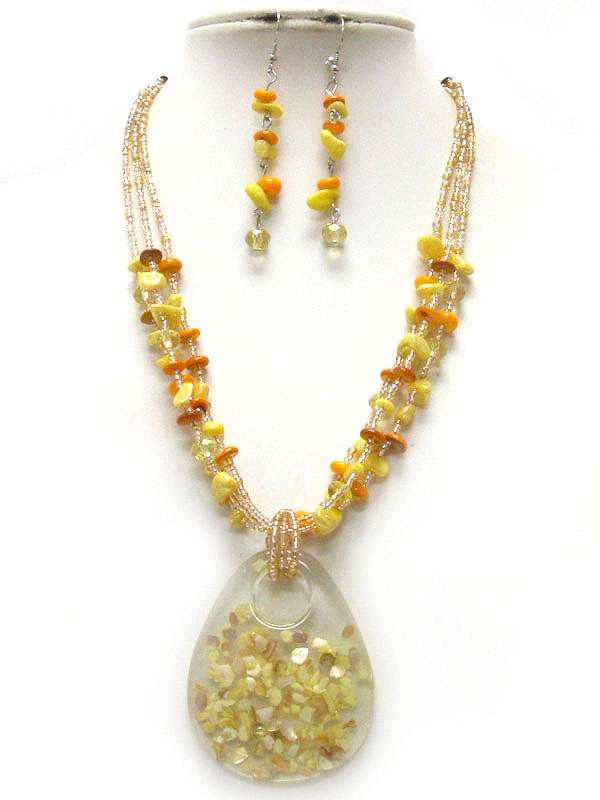 Multi chip stone deco resin tear drop pendant and chip stone multi chain necklace earring set