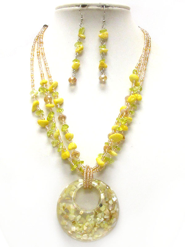 Resin disk pendant and chip stone multi chain necklace earring set